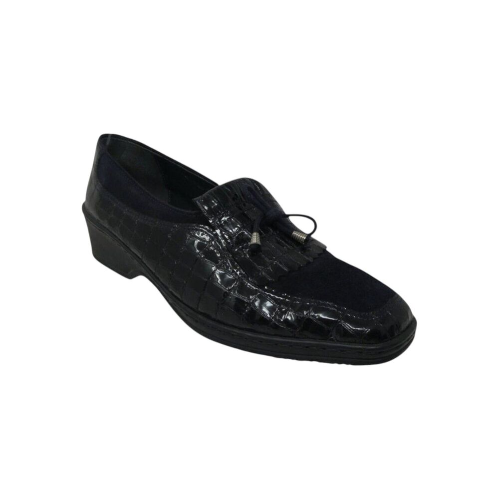 Ara Rachel Black Croc Embossed Leather Kiltie Fringe Slip On Loafers‎ Womens 9.5